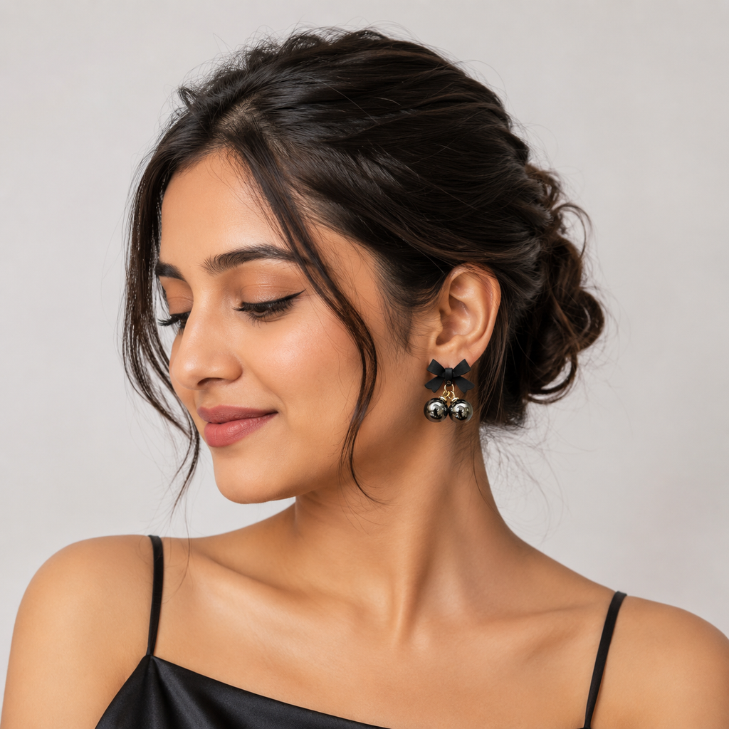 Midnight Bow Pearl Drop Earrings