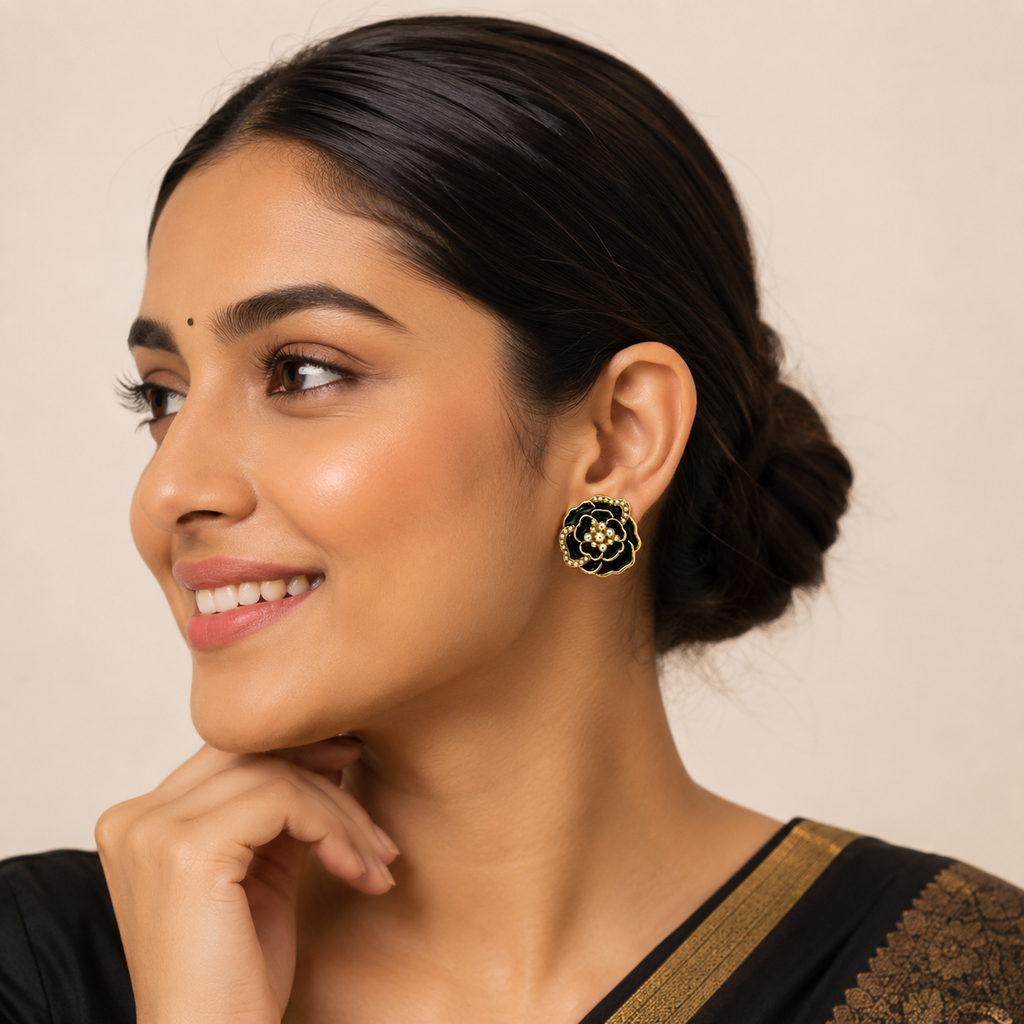 Black Floral Pearl Studs