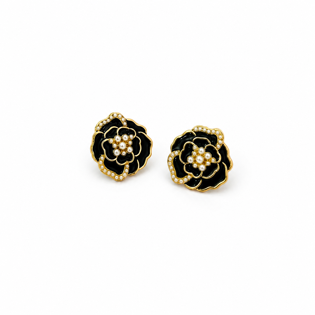 Black Floral Pearl Studs