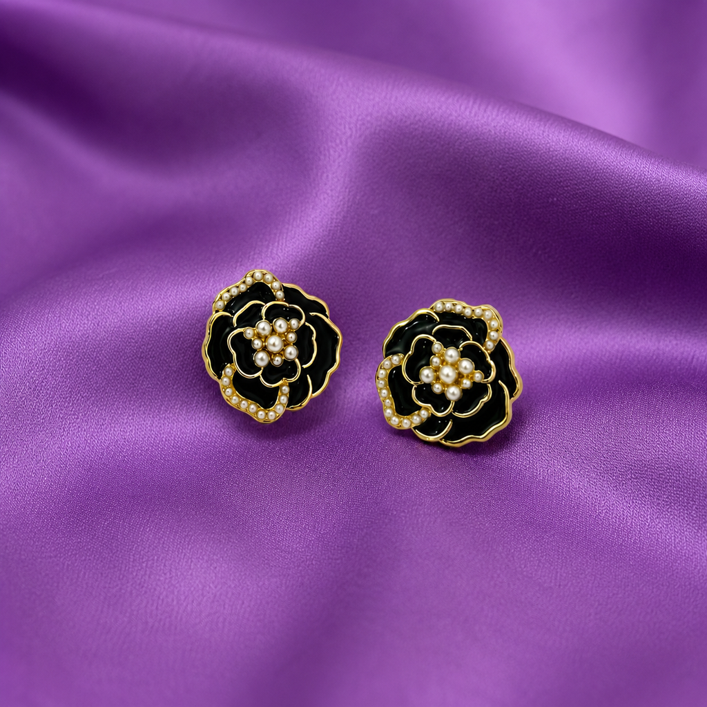 Black Floral Pearl Studs