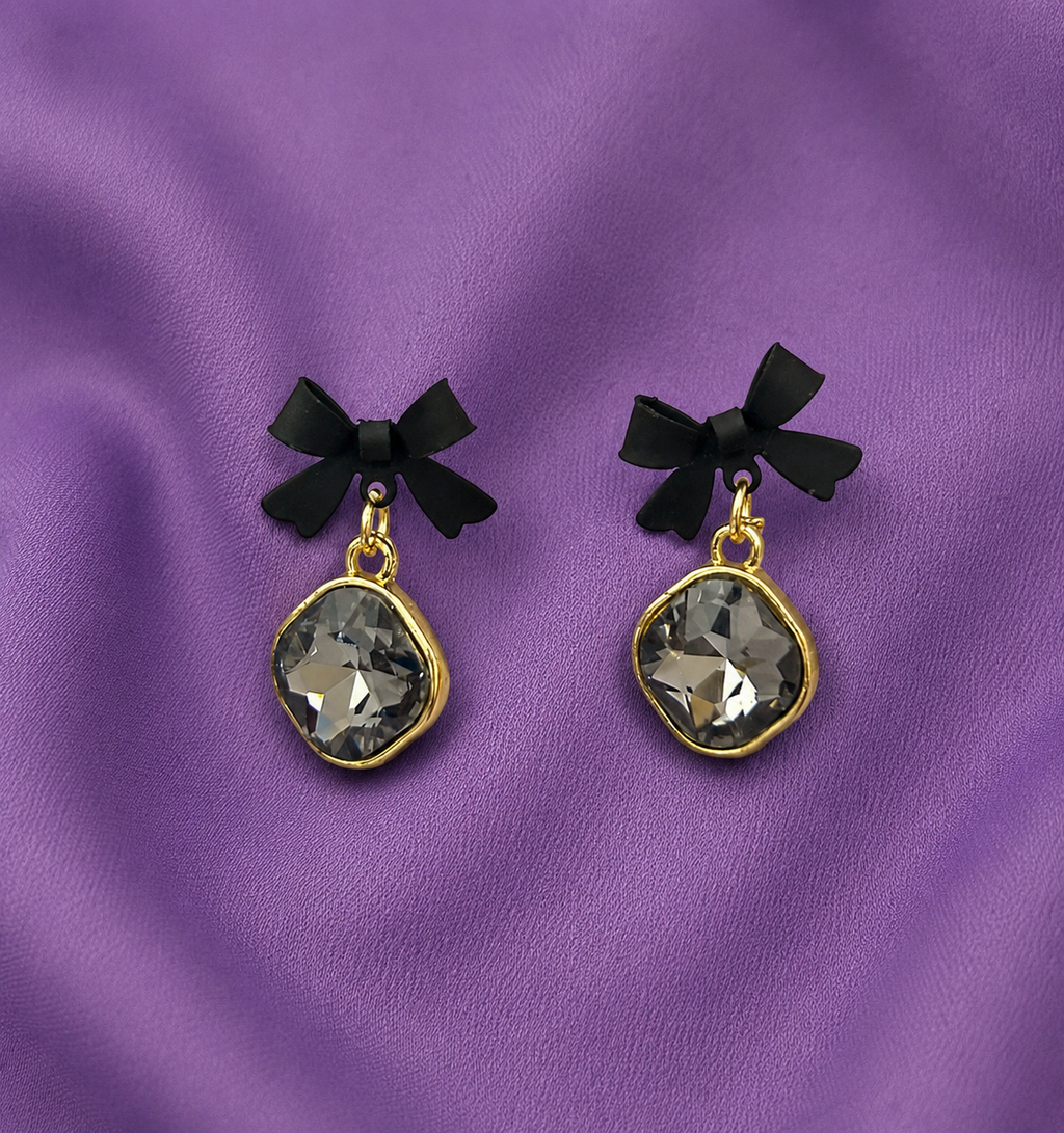Black Bow Crystal Drop Earrings for Women